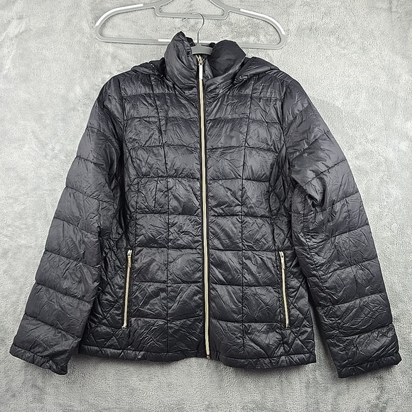 MICHAEL KORS Women's Quilted Down Packable Puffer Jacket Medium Black Gold‎ Zip - Picture 1 of 9